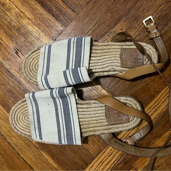 Tory Burch Navy Striped Espadrille Slides - Picture 2 of 3